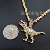 Hip Hop Iced Lab Diamond T-Rex Dinosaur Pendant & 4mm 24" Rope Chain Bling Necklace