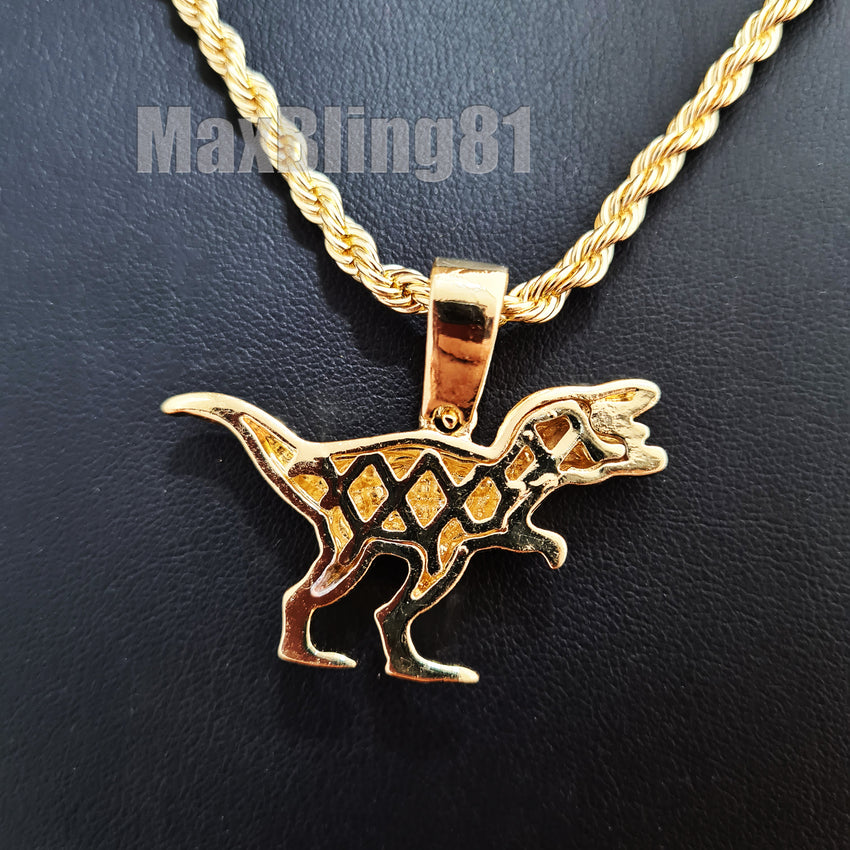 Hip Hop Iced Lab Diamond T-Rex Dinosaur Pendant & 4mm 24" Rope Chain Bling Necklace