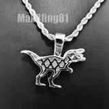 Hip Hop Iced Lab Diamond T-Rex Dinosaur Pendant & 4mm 24" Rope Chain Bling Necklace