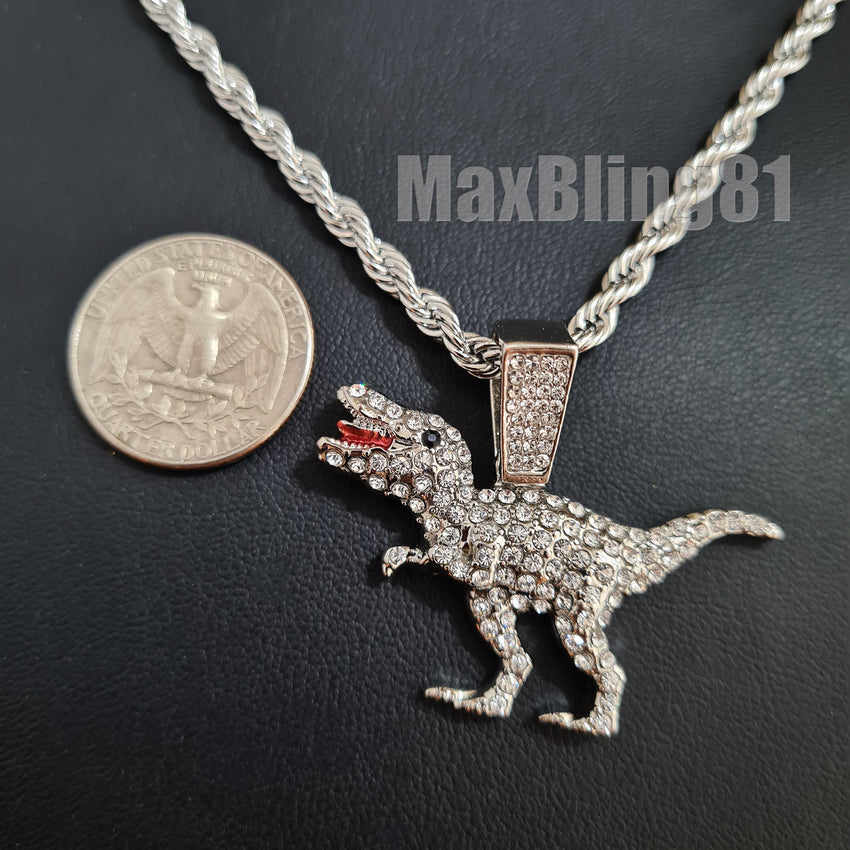 Hip Hop Iced Lab Diamond T-Rex Dinosaur Pendant & 4mm 24" Rope Chain Bling Necklace