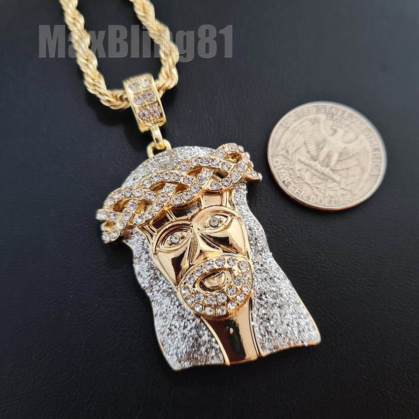 14K Gold Plated Hip Hop Jesus Head Pendant & 4mm 24" Rope Chain Necklace