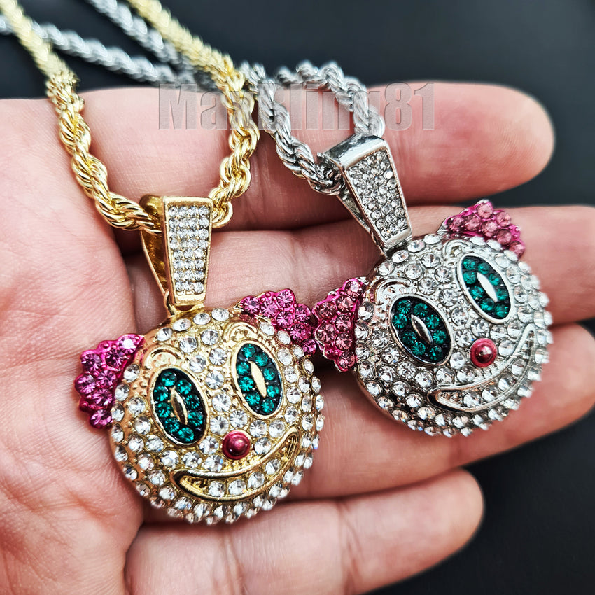 Hip Hop Iced Lab Diamond Clown Mask Pendant & 4mm 24" Rope Chain Bling Fashion Necklace