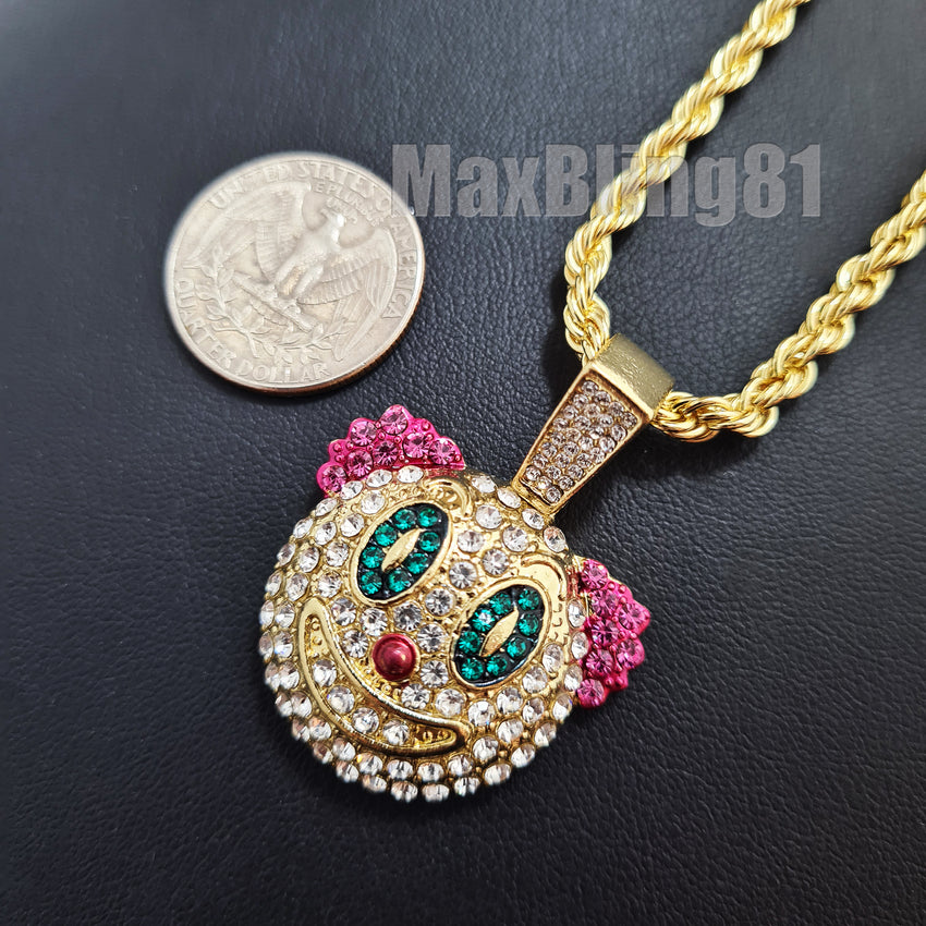 Hip Hop Iced Lab Diamond Clown Mask Pendant & 4mm 24" Rope Chain Bling Fashion Necklace