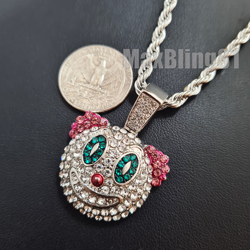 Hip Hop Iced Lab Diamond Clown Mask Pendant & 4mm 24" Rope Chain Bling Fashion Necklace