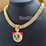 Hip Hop Gold Plated Clown Mask Pendant & 10mm 18" 20" 24" Iced Baguette Chain Bling Necklace