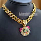 Gold Plated Clown Pendant & 13mm 16" 18" 20" 24" Iced Cuban Box Lock Chain Hip Hop Necklace