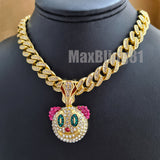 Gold Plated Clown Pendant & 13mm 16" 18" 20" 24" Iced Cuban Box Lock Chain Hip Hop Necklace