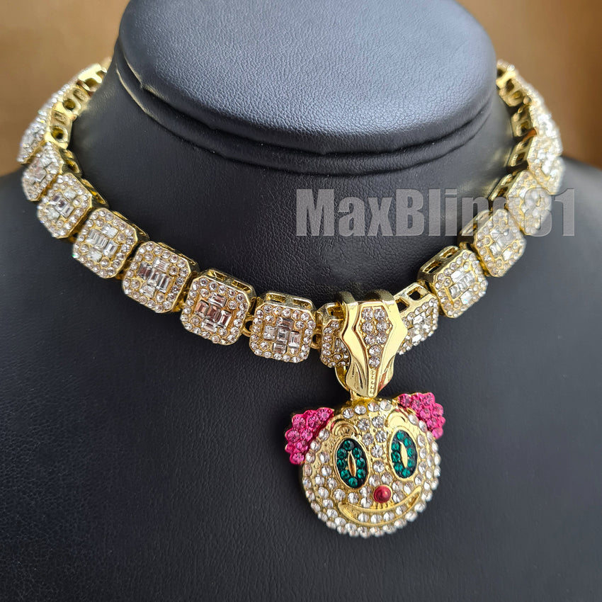 Hip Hop Gold Plated Clown Mask Pendant &  12mm 16" 18" 20" Iced Baguette Choker Chain Necklace