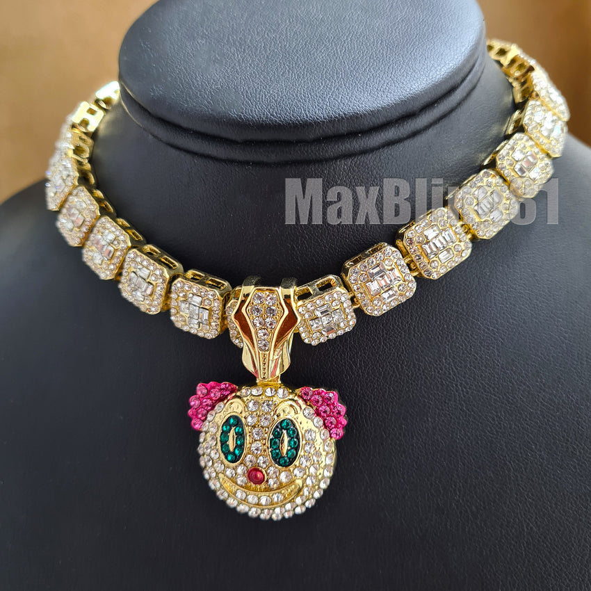 Hip Hop Gold Plated Clown Mask Pendant &  12mm 16" 18" 20" Iced Baguette Choker Chain Necklace