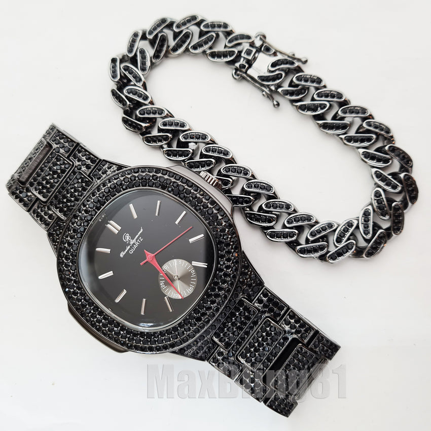 MEN'S HIP HOP MICRO PAVE BLACK METAL BLING WATCH & ICED CUBAN BRACELET GIFT SET