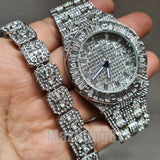 HIP HOP WHITE GOLD PT LUXURY BLING WATCH & ICED BAGUETTE STONE CHAIN BRACELET SET