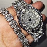 HIP HOP WHITE GOLD PT LUXURY BLING WATCH & ICED BAGUETTE STONE CHAIN BRACELET SET