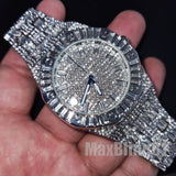 HIP HOP WHITE GOLD PT LUXURY BLING WATCH & ICED BAGUETTE STONE CHAIN BRACELET SET