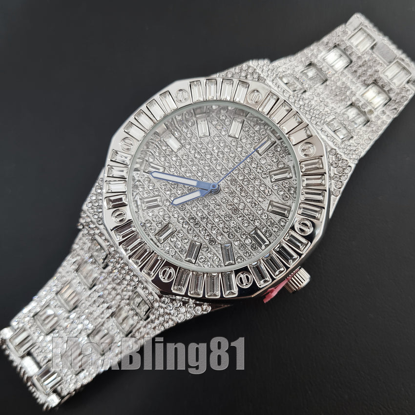 HIP HOP WHITE GOLD PT LUXURY BLING WATCH & ICED BAGUETTE STONE CHAIN BRACELET SET