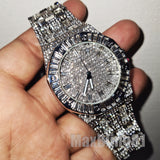 HIP HOP WHITE GOLD PT LUXURY BLING WATCH & ICED BAGUETTE STONE CHAIN BRACELET SET