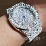 HIP HOP WHITE GOLD PT LUXURY BLING WATCH & ICED BAGUETTE STONE CHAIN BRACELET SET