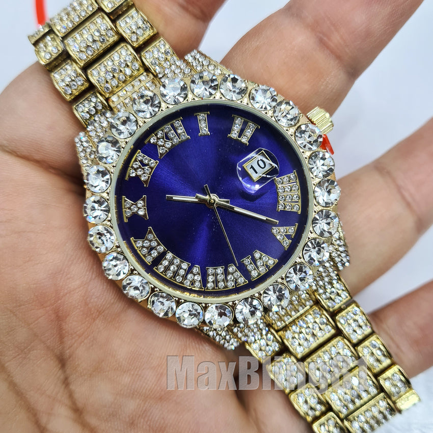 Men Hip Hop Iced Bling Gold PT Rapper's Big CZ Stone Blue Dial Metal Wrist Watch