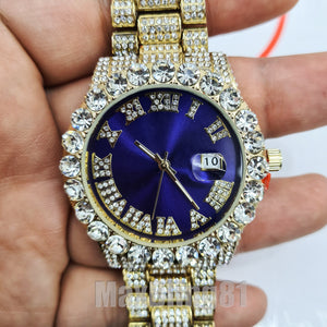 Men Hip Hop Iced Bling Gold PT Rapper's Big CZ Stone Blue Dial Metal Wrist Watch