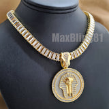 Gold Plated King Tut Pharaoh Pendant & 18" 20" 24" Iced Baguette Chain Necklace