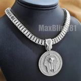 White Gold Plated King Tut Pharaoh Pendant & 18" 20" 24" Iced Baguette Chain Necklace