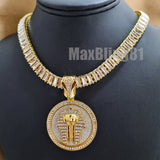 Gold Plated King Tut Pharaoh Pendant & 18" 20" 24" Iced Baguette Chain Necklace