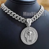 White Gold Plated King Tut Pharaoh Pendant & 13mm 16" 18" 20" 24" Iced Cuban Box Lock Chain Hip Hop Necklace