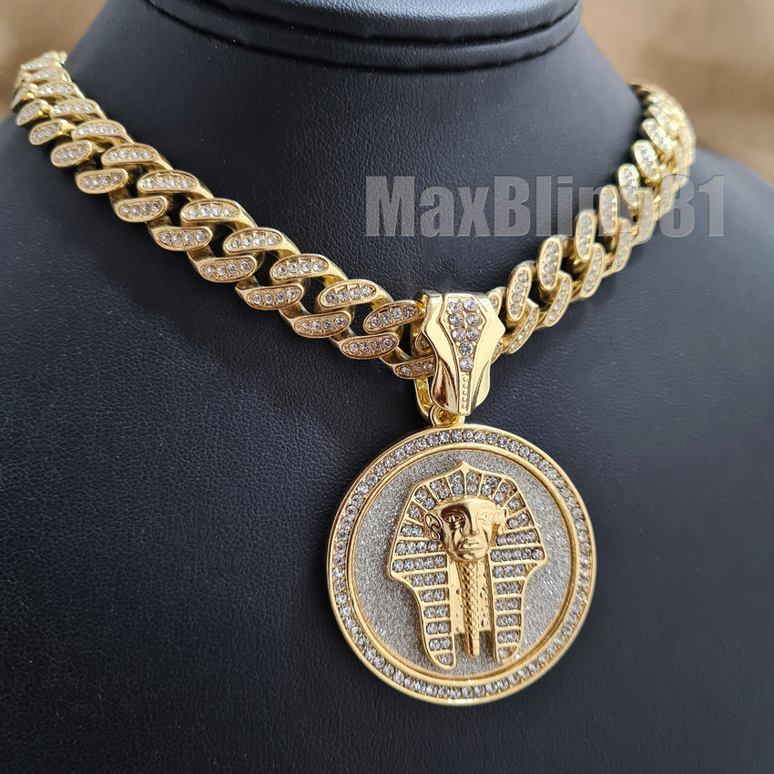 Gold Plated King Tut Pharaoh Pendant & 13mm 16" 18" 20" 24" Iced Cuban Box Lock Chain Hip Hop Necklace