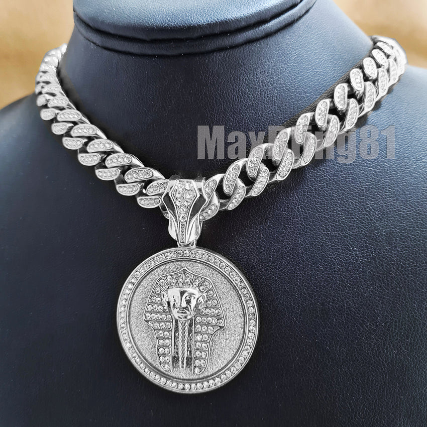 White Gold Plated King Tut Pharaoh Pendant & 13mm 16" 18" 20" 24" Iced Cuban Box Lock Chain Hip Hop Necklace