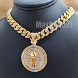 Gold Plated King Tut Pharaoh Pendant & 13mm 16" 18" 20" 24" Iced Cuban Box Lock Chain Hip Hop Necklace