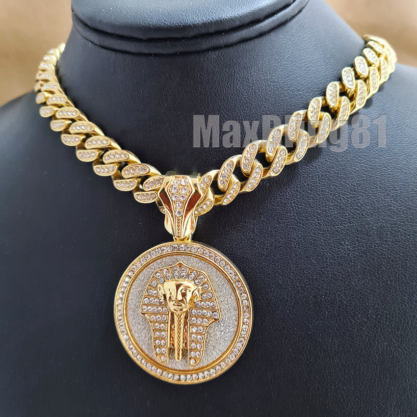 Gold Plated King Tut Pharaoh Pendant & 13mm 16" 18" 20" 24" Iced Cuban Box Lock Chain Hip Hop Necklace