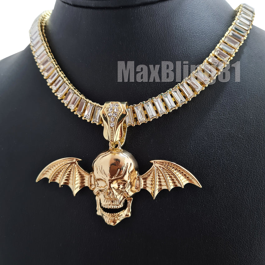 Avenged Sevenfold Skull Wing Pendant & 10mm 18" 20" 24" Iced Baguette Chain Hip Hop Necklace