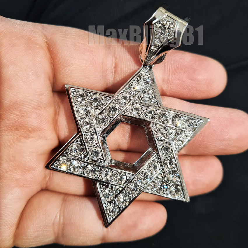 HIP HOP ICED LAB DIAMOND WHITE GOLD PLATED STAR OF DAVID BLING CHARM PENDANT