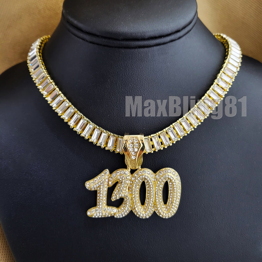 Gold Plated Rapper POLO-G 1300 Pendant & 10mm 18" 20" 24" Iced Baguette Chain Necklace