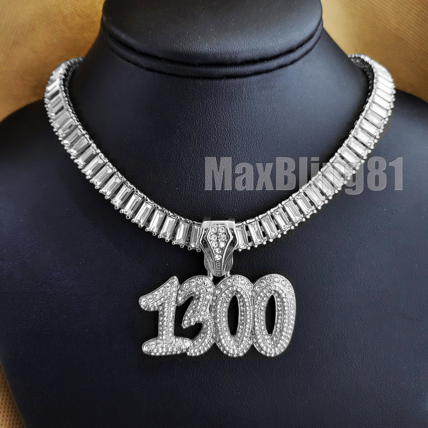 Silver Plated Rapper POLO-G 1300 Pendant & 10mm 18" 20" 24" Iced Baguette Chain Necklace