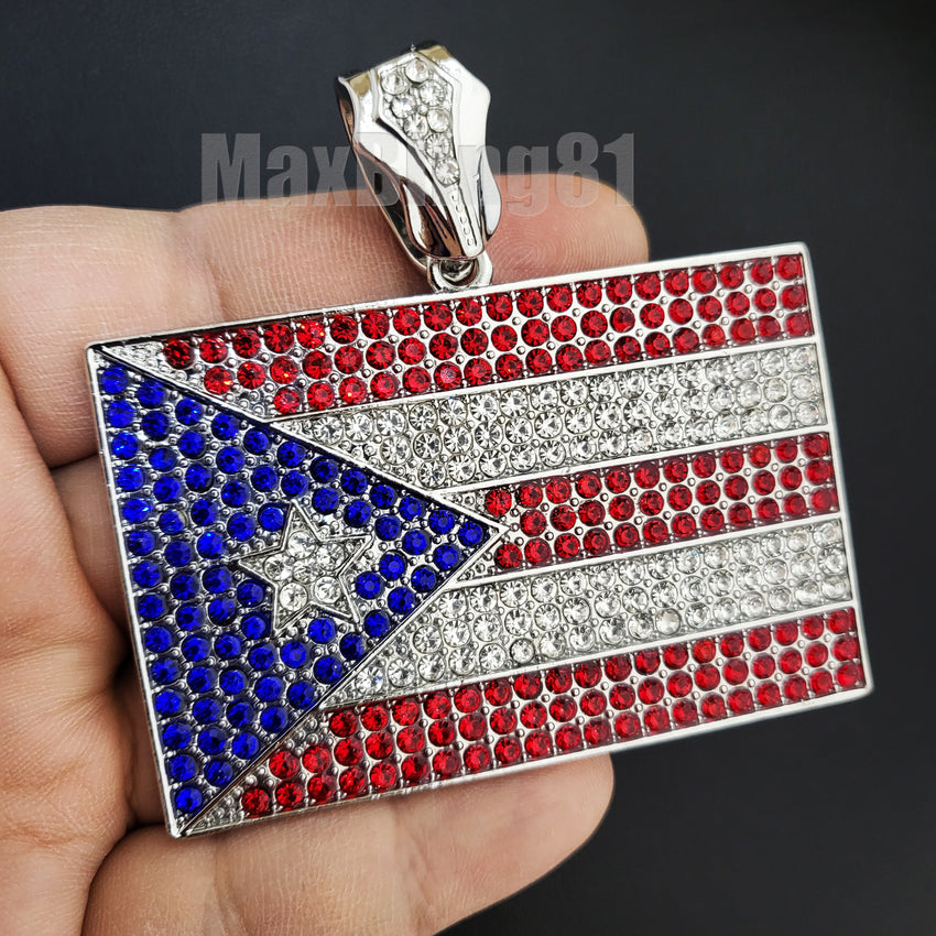 Iced Hip Hop Puerto Rico Flag Rapper's Large Bling Lab Diamond Charm Pendant