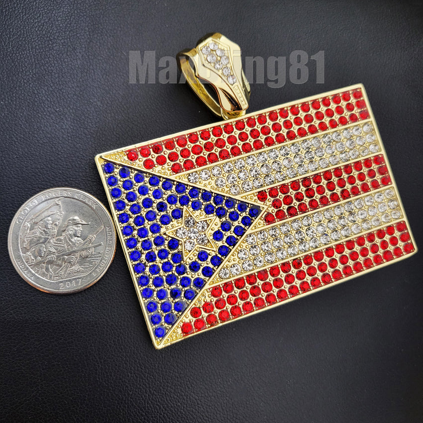 Iced Hip Hop Puerto Rico Flag Rapper's Large Bling Lab Diamond Charm Pendant