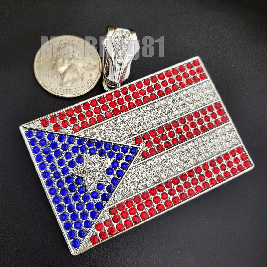 Iced Hip Hop Puerto Rico Flag Rapper's Large Bling Lab Diamond Charm Pendant