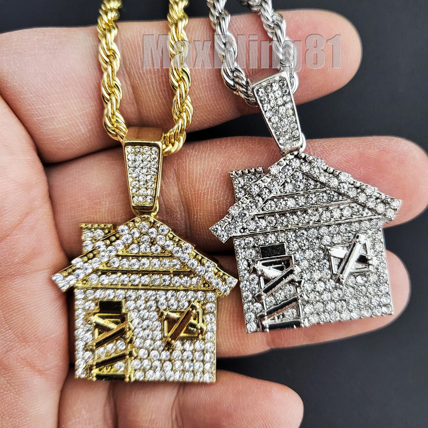 ICED HIP HOP JEWELRY TRAP HOUSE BLING PENDANT & 4mm 24" ROPE CHAIN NECKLACE