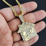 ICED HIP HOP JEWELRY TRAP HOUSE BLING PENDANT & 4mm 24" ROPE CHAIN NECKLACE