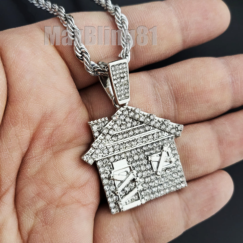 ICED HIP HOP JEWELRY TRAP HOUSE BLING PENDANT & 4mm 24" ROPE CHAIN NECKLACE
