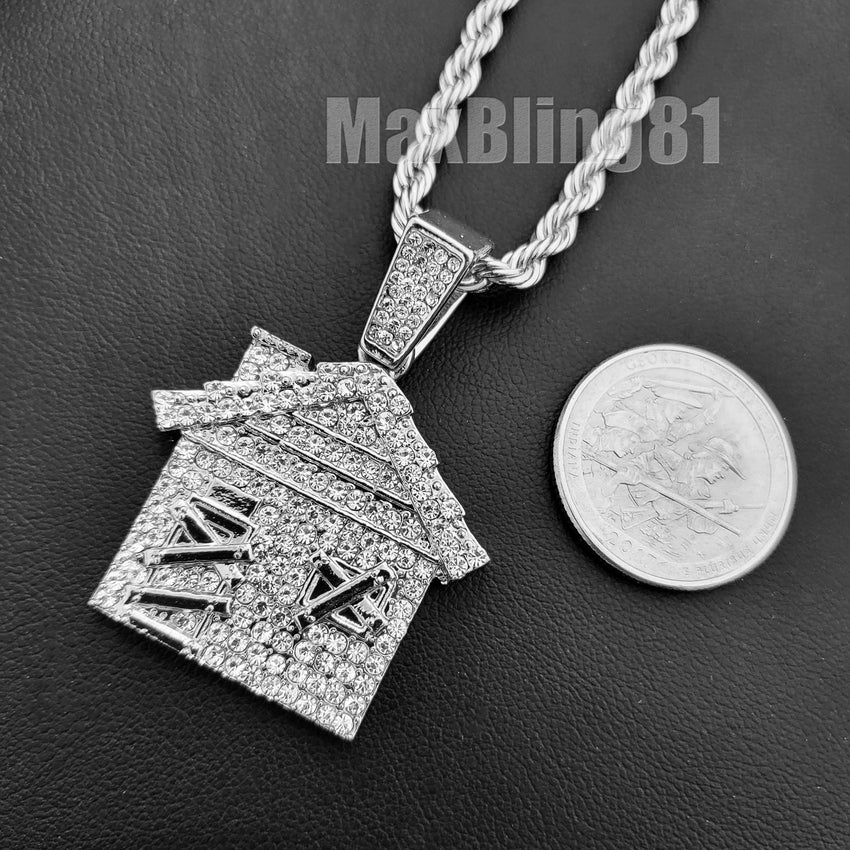 ICED HIP HOP JEWELRY TRAP HOUSE BLING PENDANT & 4mm 24" ROPE CHAIN NECKLACE