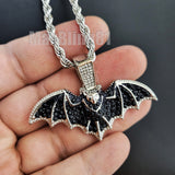 HIP HOP JEWELRY SILVER PT ICED BAT PENDANT & 4mm 24" ROPE CHAIN BLING NECKLACE