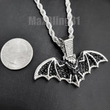 HIP HOP JEWELRY SILVER PT ICED BAT PENDANT & 4mm 24" ROPE CHAIN BLING NECKLACE