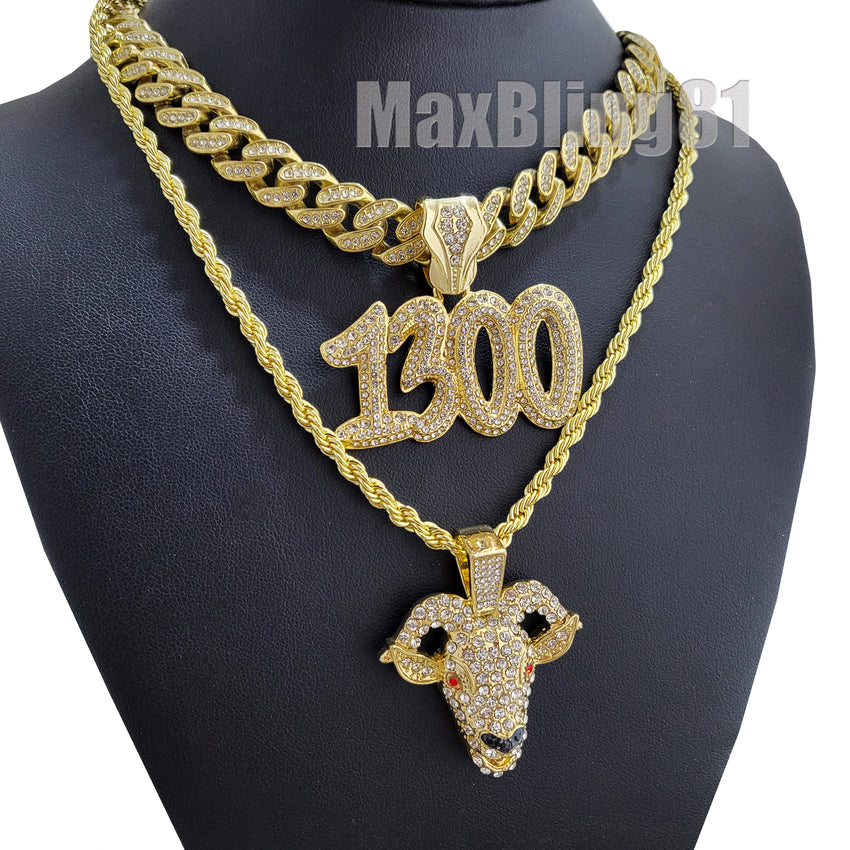 Gold PT POLO-G 1300 w/ 18" Iced Cuban & GOAT w/ 24" Rope Chain Hip Hop Necklace