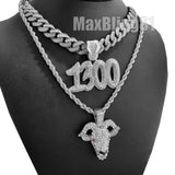 White Gold PT POLO-G 1300 w/ 18" Iced Cuban & GOAT w/ 24" Rope Chain Hip Hop Necklace
