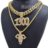 Gold PT POLO-G 1300 w/ 18" Iced Cuban & GOAT w/ 24" Rope Chain Hip Hop Necklace