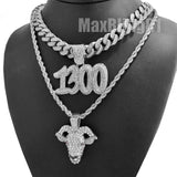 White Gold PT POLO-G 1300 w/ 18" Iced Cuban & GOAT w/ 24" Rope Chain Hip Hop Necklace