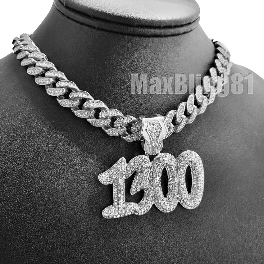 White Gold PT POLO-G 1300 w/ 18" Iced Cuban & GOAT w/ 24" Rope Chain Hip Hop Necklace