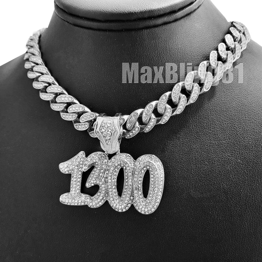 White Gold PT POLO-G 1300 w/ 18" Iced Cuban & GOAT w/ 24" Rope Chain Hip Hop Necklace