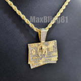 Hip Hop Iced Jewelry $100 Bill & JUICE Pendant & 4mm 24" Rope Chain Fashion Necklace